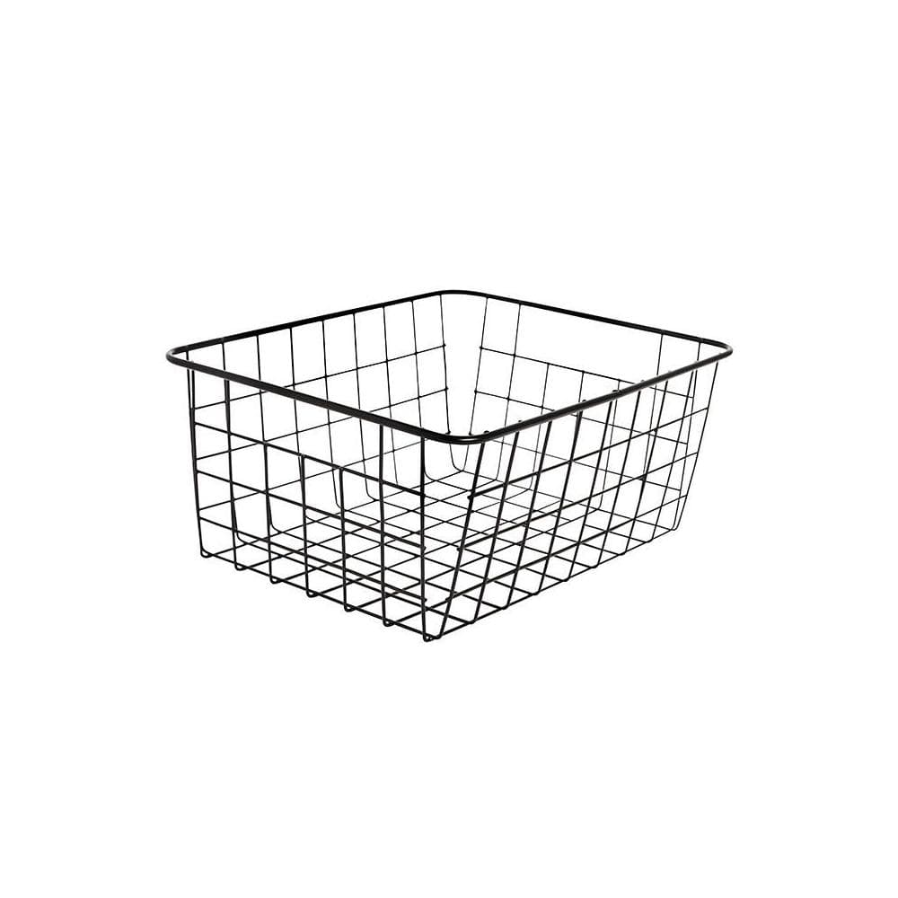 Schwarzer Drahtkorb mit offenem Gitterdesign und rechteckiger Form vor weißem Hintergrund